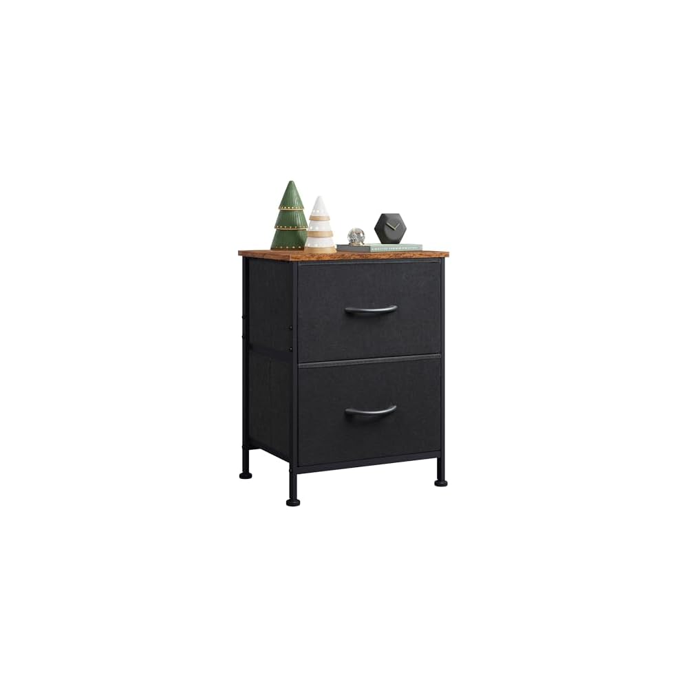WLIVE Nightstand, 2 Drawer Dresser for Bedroom, Small Dresser with 2 Drawers, Bedside Furniture, Night Stand, End Table with Fabric Bins for Bedroom, Closet, Entryway, Black and Rustic Brown