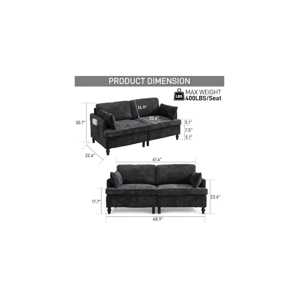 69" Modular Loveseat Sofa with USB Charging Ports, Chenille Deep Seat Cloud Couch Sectional, Modern 2 Seater Sofa with Throw Pillows & LED Light for Living Room, Bedroom, Apartment, Black