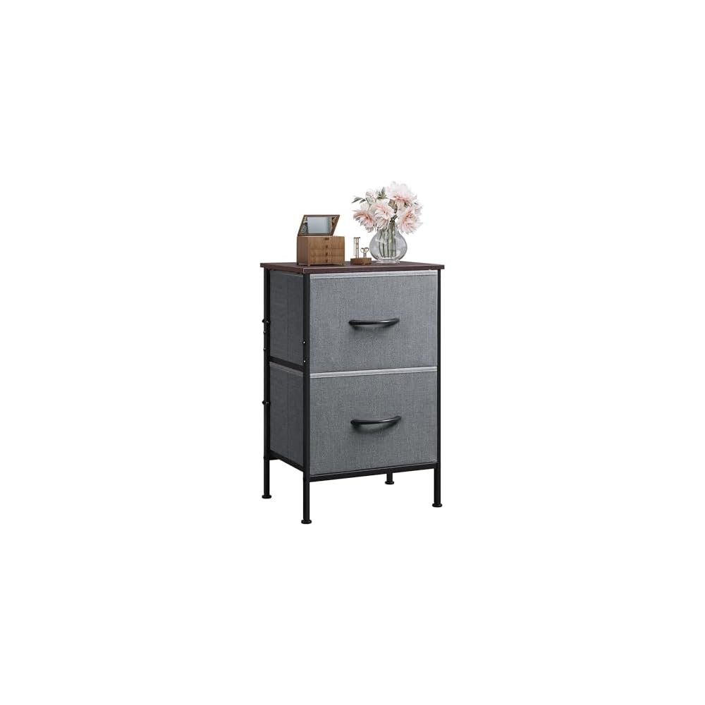 WLIVE Nightstand, 2 Drawer Dresser for Bedroom, Small Dresser with 2 Drawers, Bedside Furniture, Night Stand, End Table with Fabric Bins for Bedroom, Closet, Entryway, Black and Rustic Brown