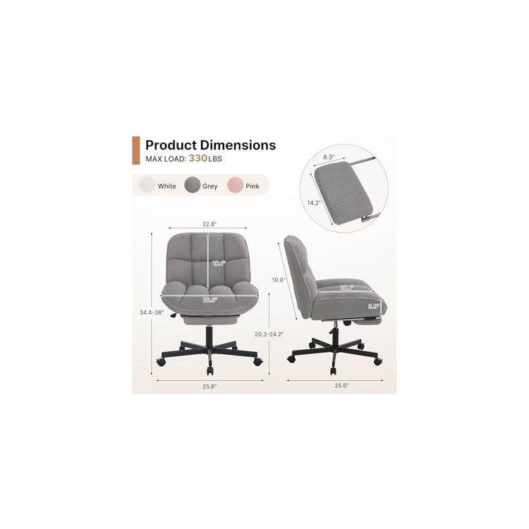 Cross Legged Chair with Foot Rest, Thick Cushioned Criss Cross Chair with Wheels, Armless Wide Seat Reclining Desk Chair, Height Adjustable Cross Legged Office Chair for Home Office, Grey