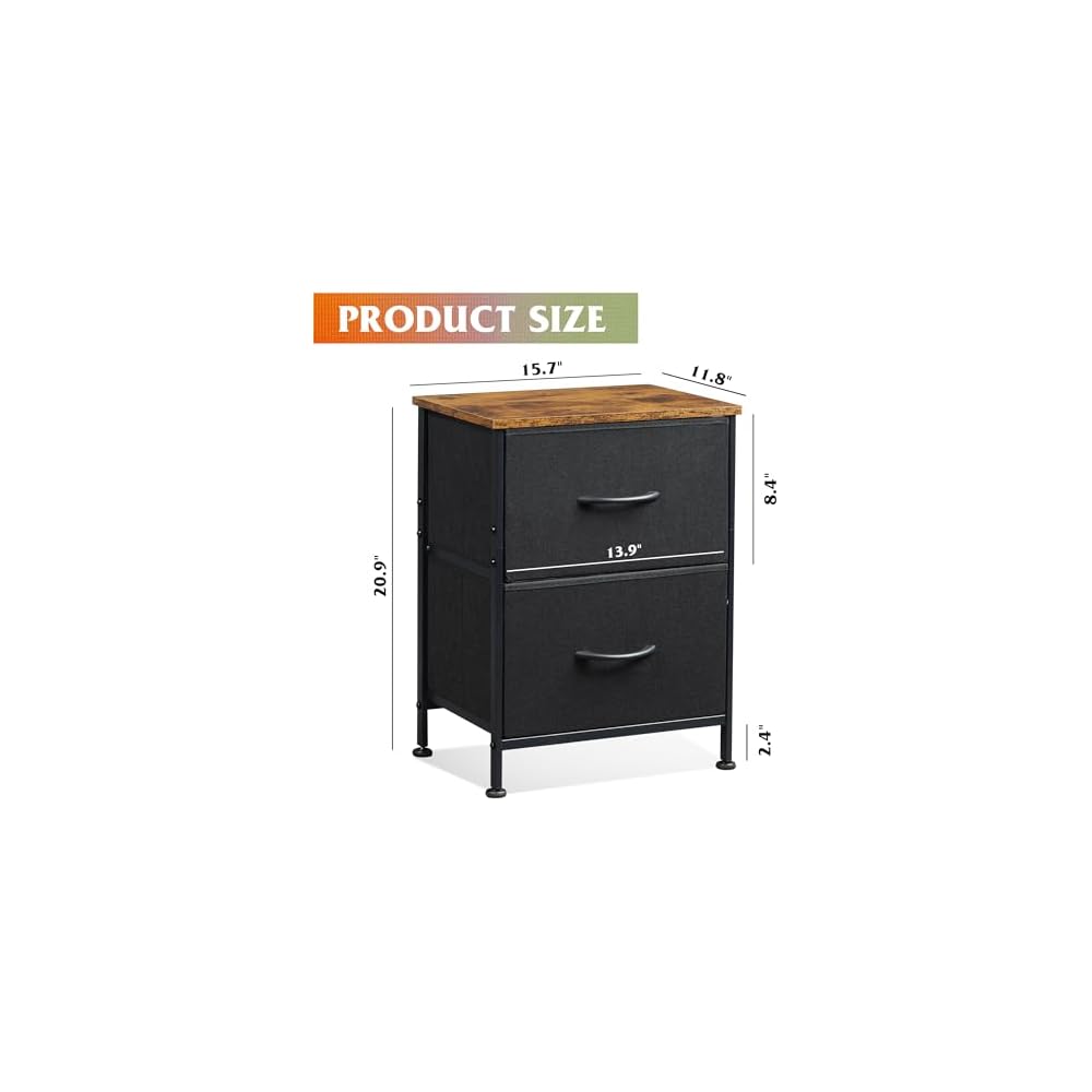 WLIVE Nightstand, 2 Drawer Dresser for Bedroom, Small Dresser with 2 Drawers, Bedside Furniture, Night Stand, End Table with Fabric Bins for Bedroom, Closet, Entryway, Black and Rustic Brown