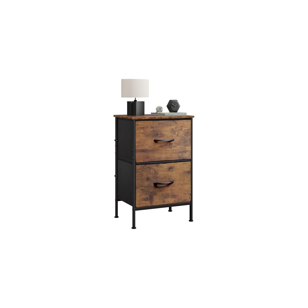 WLIVE Nightstand, 2 Drawer Dresser for Bedroom, Small Dresser with 2 Drawers, Bedside Furniture, Night Stand, End Table with Fabric Bins for Bedroom, Closet, Entryway, Black and Rustic Brown