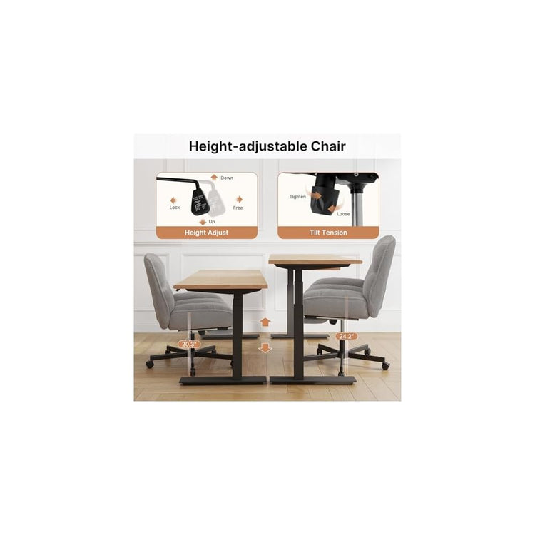 Cross Legged Chair with Foot Rest, Thick Cushioned Criss Cross Chair with Wheels, Armless Wide Seat Reclining Desk Chair, Height Adjustable Cross Legged Office Chair for Home Office, Grey