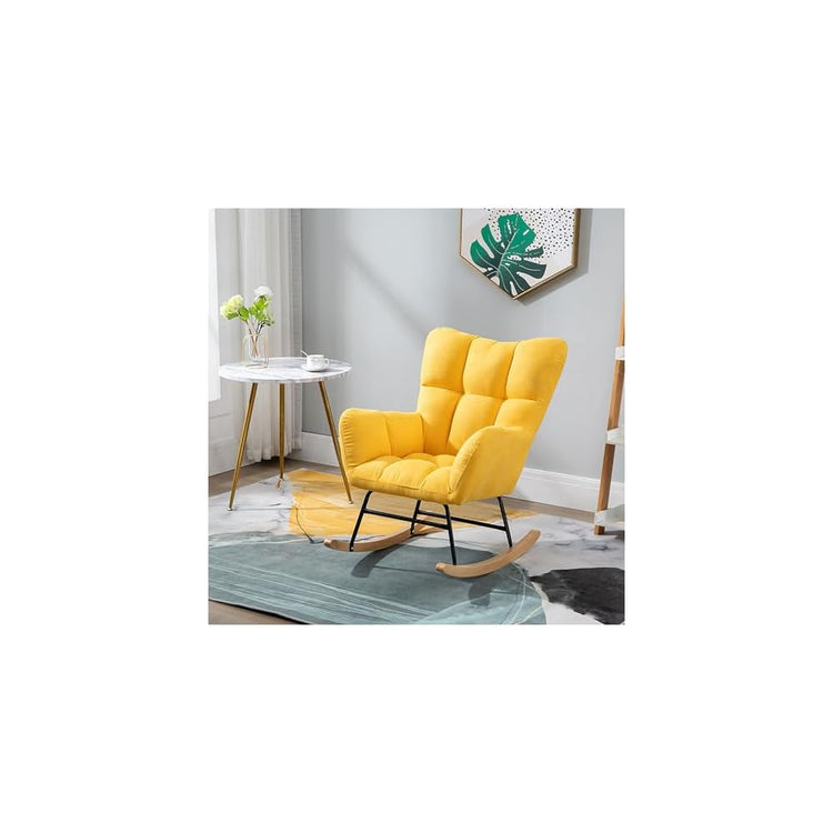 Fashion Wingback Rocking Chair Office Lounge Chair Adults Reading Chair Relax Chair Comfy Upholstered Rocker Armchair with Solid Wood Legs for Home Living Room Bedroom