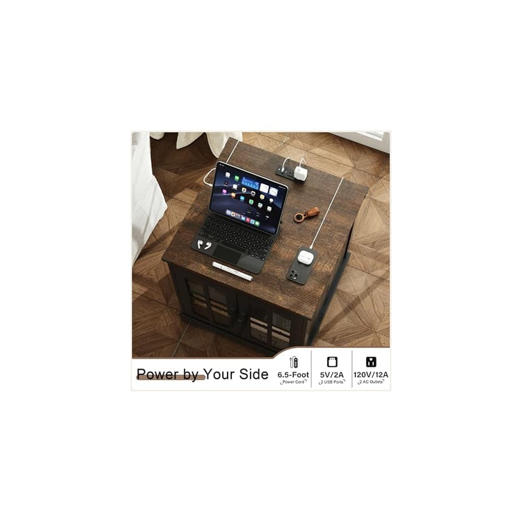 ChooChoo Farmhouse End Table with Charging Station & LED Light