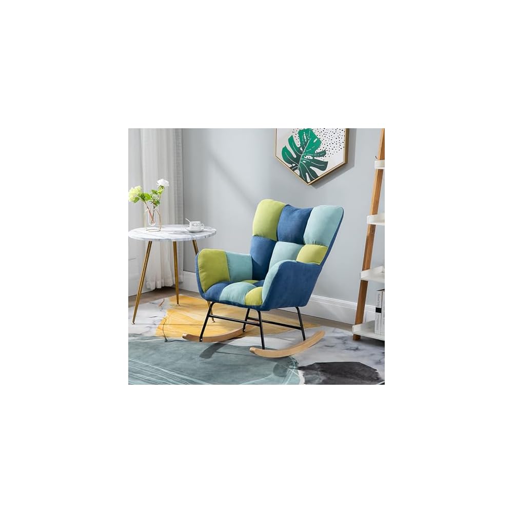 Fashion Wingback Rocking Chair Office Lounge Chair Adults Reading Chair Relax Chair Comfy Upholstered Rocker Armchair with Solid Wood Legs for Home Living Room Bedroom