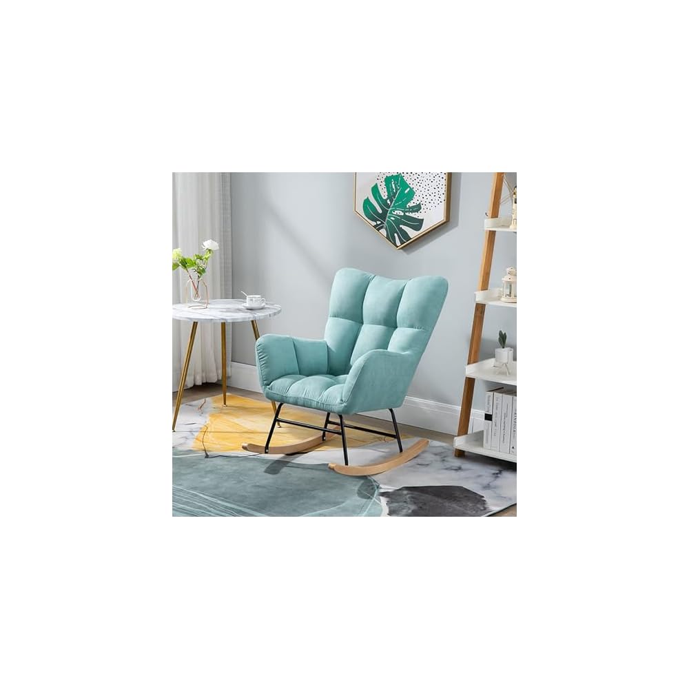 Fashion Wingback Rocking Chair Office Lounge Chair Adults Reading Chair Relax Chair Comfy Upholstered Rocker Armchair with Solid Wood Legs for Home Living Room Bedroom