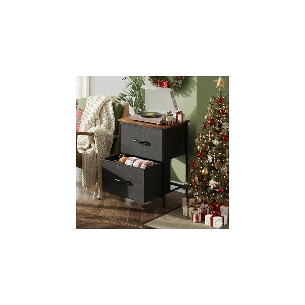WLIVE Nightstand, 2 Drawer Dresser for Bedroom, Small Dresser with 2 Drawers, Bedside Furniture, Night Stand, End Table with Fabric Bins for Bedroom, Closet, Entryway, Black and Rustic Brown