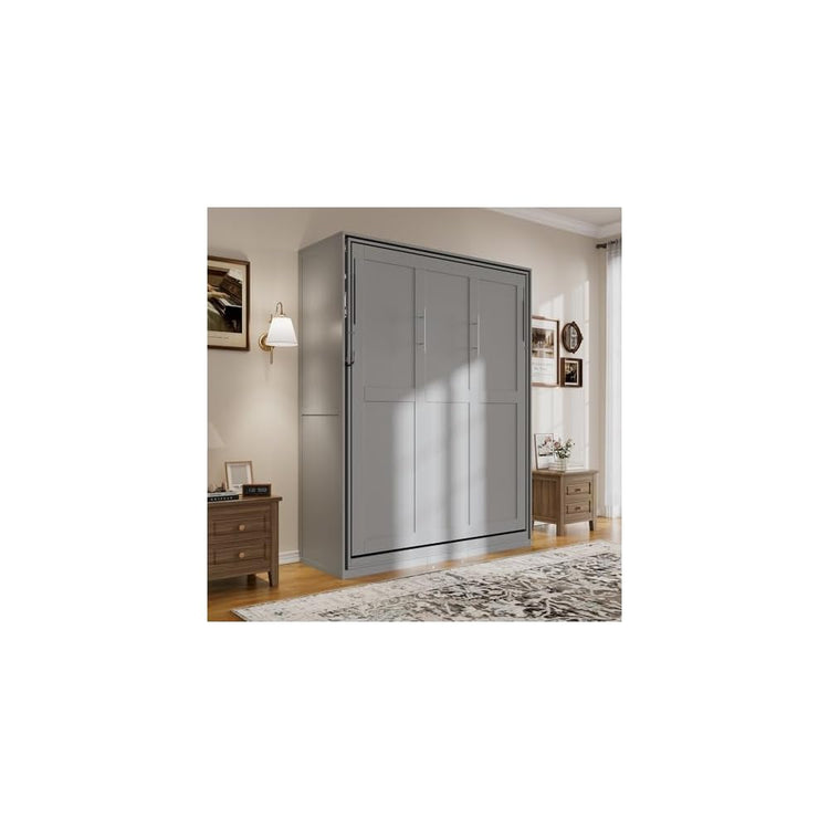 RUNNA Rotating Queen Murphy Bed with Hidden Storage Racks, Space-Saving Multifunctional Wall Bed for Home Office & Small Rooms (Gray#62)