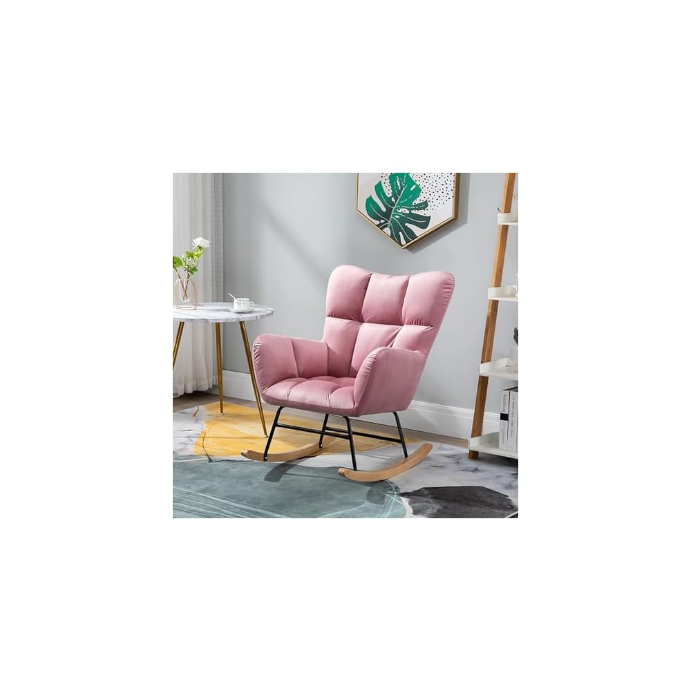 Fashion Wingback Rocking Chair Office Lounge Chair Adults Reading Chair Relax Chair Comfy Upholstered Rocker Armchair with Solid Wood Legs for Home Living Room Bedroom