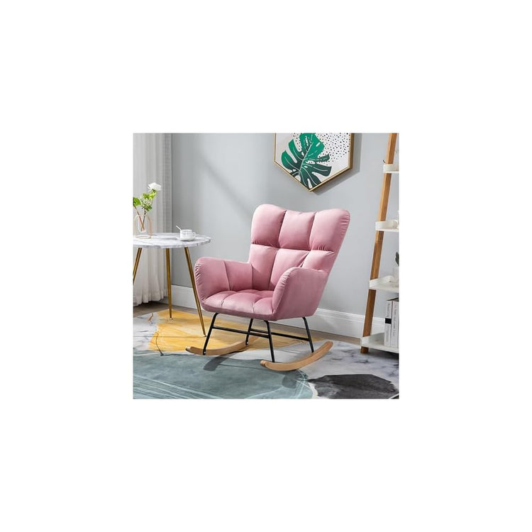 Fashion Wingback Rocking Chair Office Lounge Chair Adults Reading Chair Relax Chair Comfy Upholstered Rocker Armchair with Solid Wood Legs for Home Living Room Bedroom