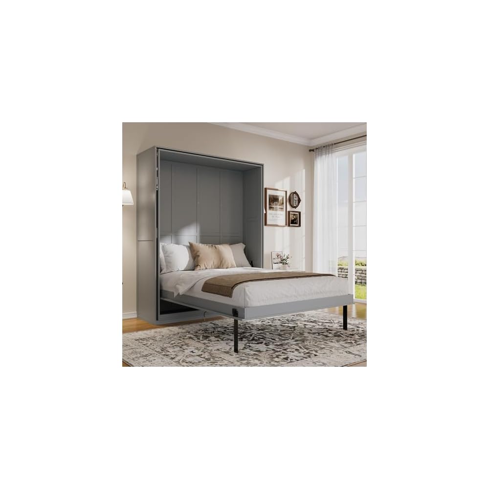 RUNNA Rotating Queen Murphy Bed with Hidden Storage Racks, Space-Saving Multifunctional Wall Bed for Home Office & Small Rooms (Gray#62)