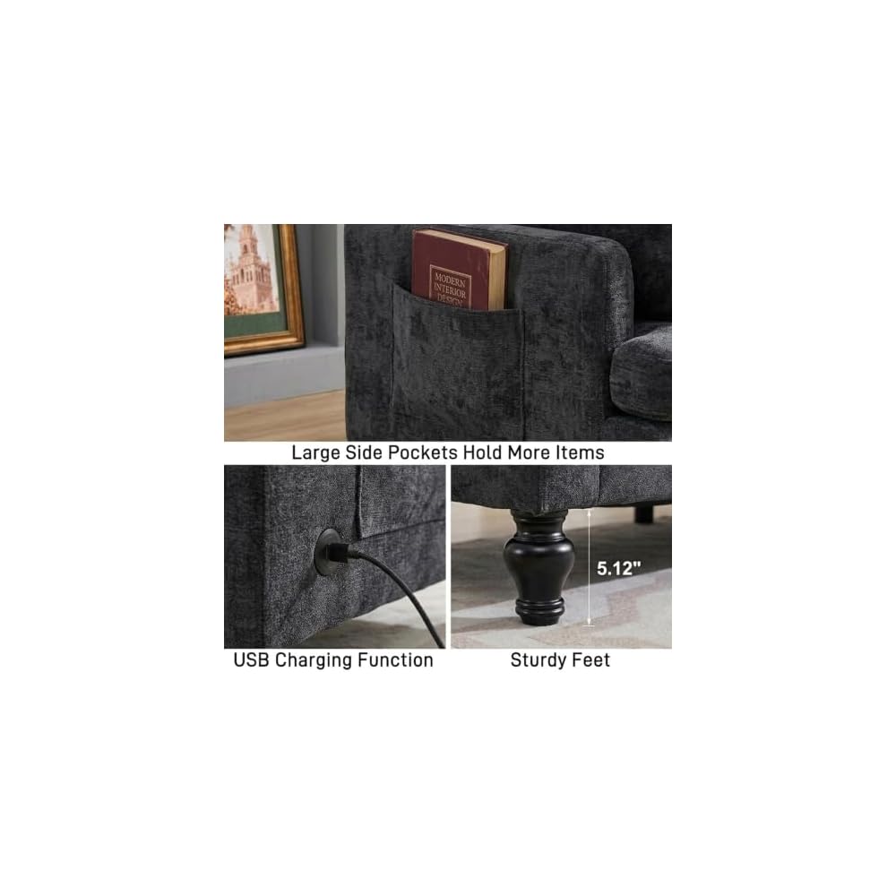 69" Modular Loveseat Sofa with USB Charging Ports, Chenille Deep Seat Cloud Couch Sectional, Modern 2 Seater Sofa with Throw Pillows & LED Light for Living Room, Bedroom, Apartment, Black