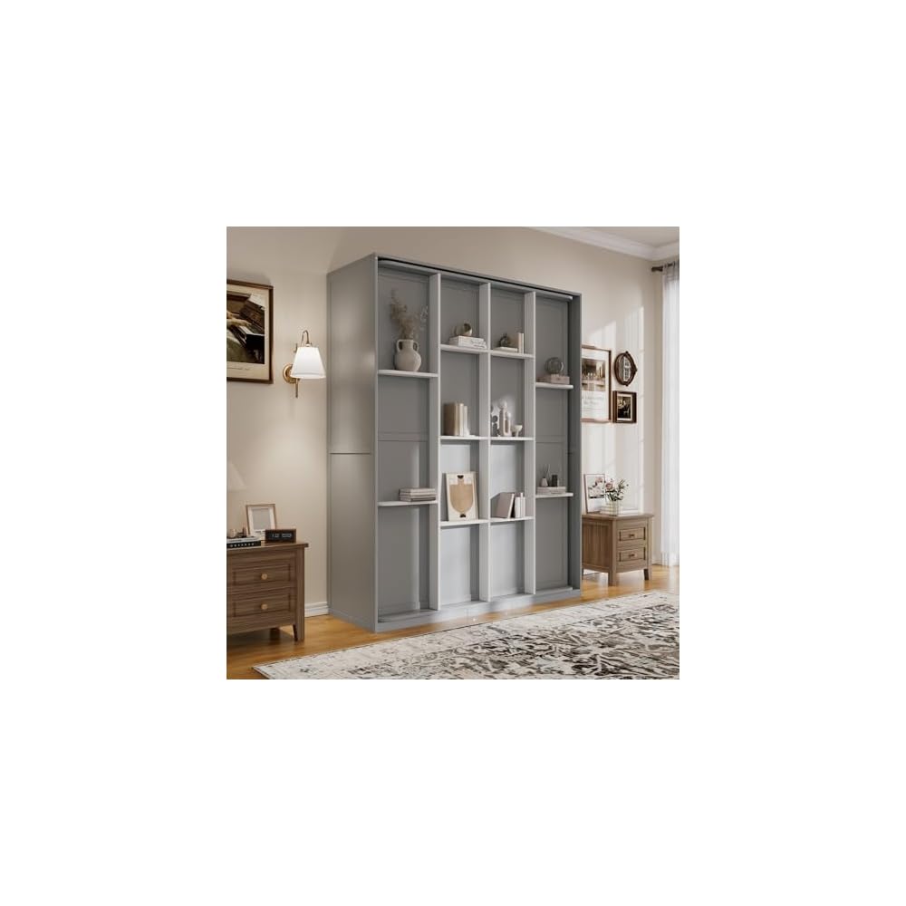 RUNNA Rotating Queen Murphy Bed with Hidden Storage Racks, Space-Saving Multifunctional Wall Bed for Home Office & Small Rooms (Gray#62)