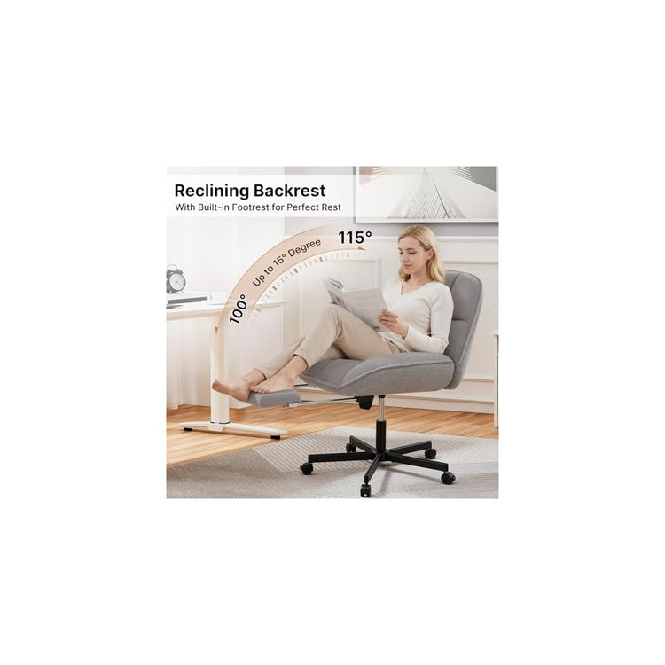 Cross Legged Chair with Foot Rest, Thick Cushioned Criss Cross Chair with Wheels, Armless Wide Seat Reclining Desk Chair, Height Adjustable Cross Legged Office Chair for Home Office, Grey
