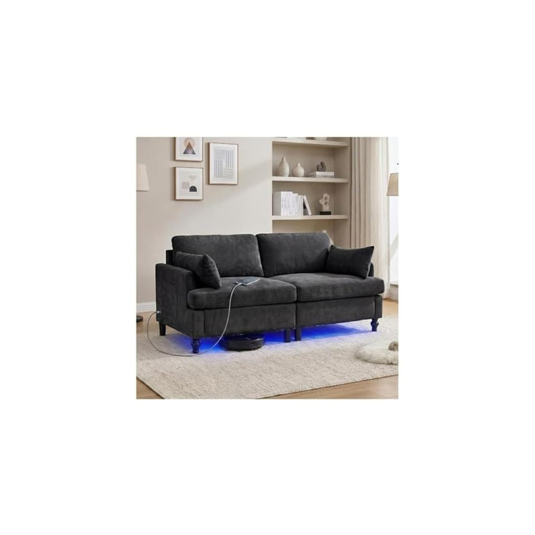 69" Modular Loveseat Sofa with USB Charging Ports, Chenille Deep Seat Cloud Couch Sectional, Modern 2 Seater Sofa with Throw Pillows & LED Light for Living Room, Bedroom, Apartment, Black