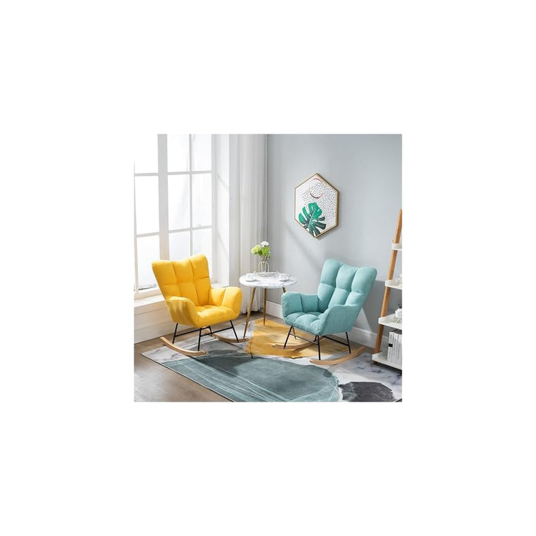 Fashion Wingback Rocking Chair Office Lounge Chair Adults Reading Chair Relax Chair Comfy Upholstered Rocker Armchair with Solid Wood Legs for Home Living Room Bedroom
