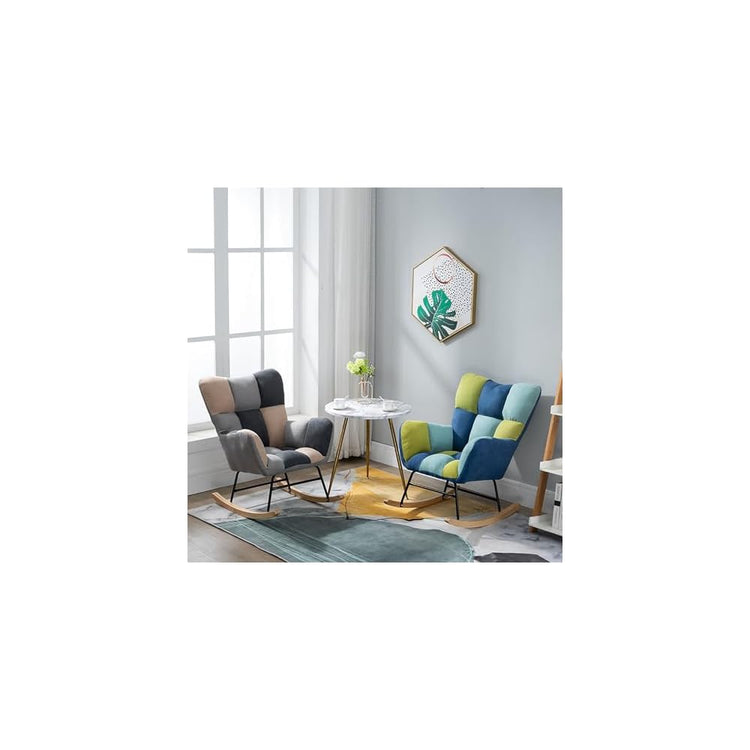 Fashion Wingback Rocking Chair Office Lounge Chair Adults Reading Chair Relax Chair Comfy Upholstered Rocker Armchair with Solid Wood Legs for Home Living Room Bedroom
