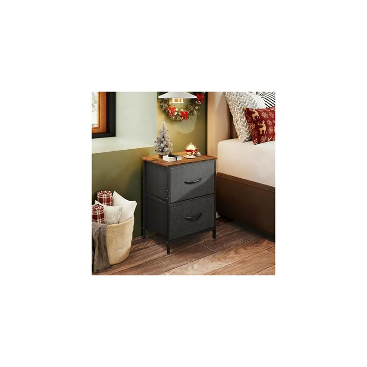 WLIVE Nightstand, 2 Drawer Dresser for Bedroom, Small Dresser with 2 Drawers, Bedside Furniture, Night Stand, End Table with Fabric Bins for Bedroom, Closet, Entryway, Black and Rustic Brown