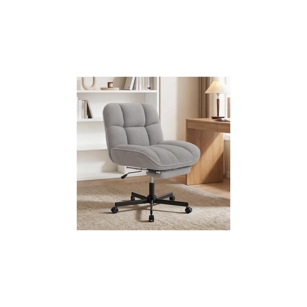 Cross Legged Chair with Foot Rest, Thick Cushioned Criss Cross Chair with Wheels, Armless Wide Seat Reclining Desk Chair, Height Adjustable Cross Legged Office Chair for Home Office, Grey
