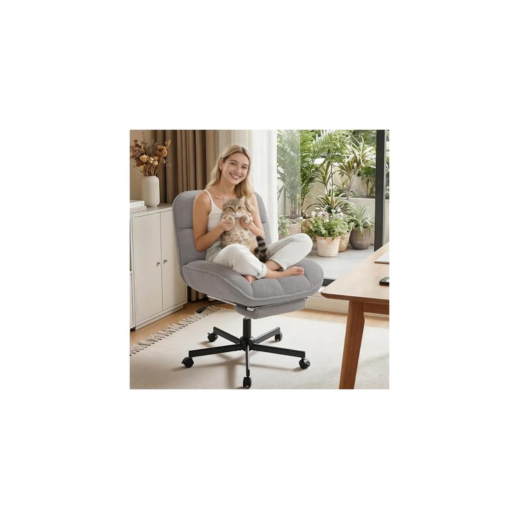 Cross Legged Chair with Foot Rest, Thick Cushioned Criss Cross Chair with Wheels, Armless Wide Seat Reclining Desk Chair, Height Adjustable Cross Legged Office Chair for Home Office, Grey