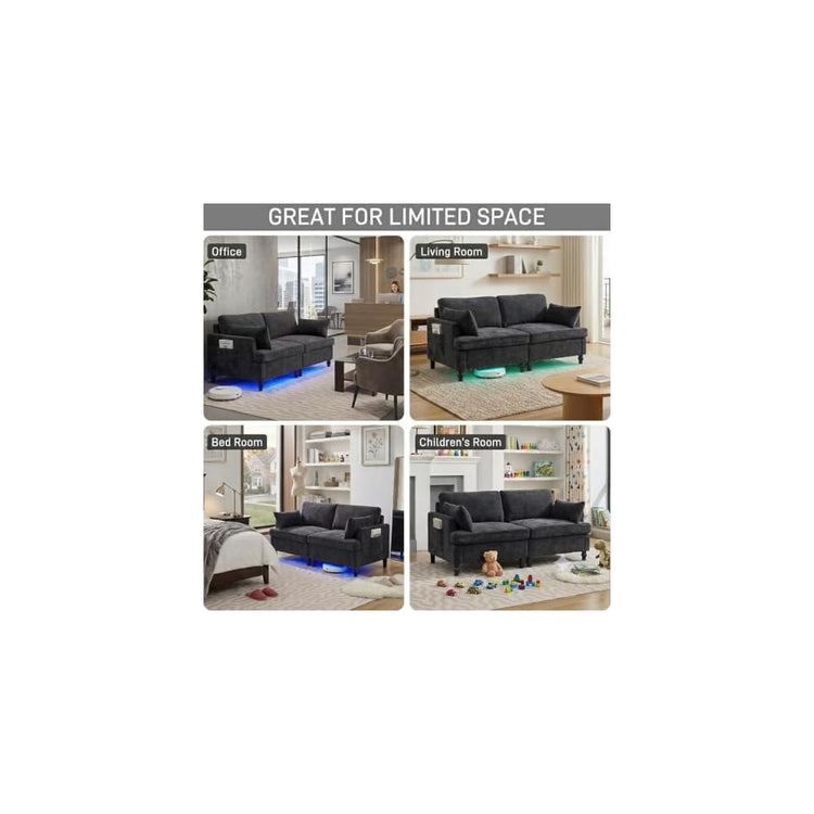 69" Modular Loveseat Sofa with USB Charging Ports, Chenille Deep Seat Cloud Couch Sectional, Modern 2 Seater Sofa with Throw Pillows & LED Light for Living Room, Bedroom, Apartment, Black