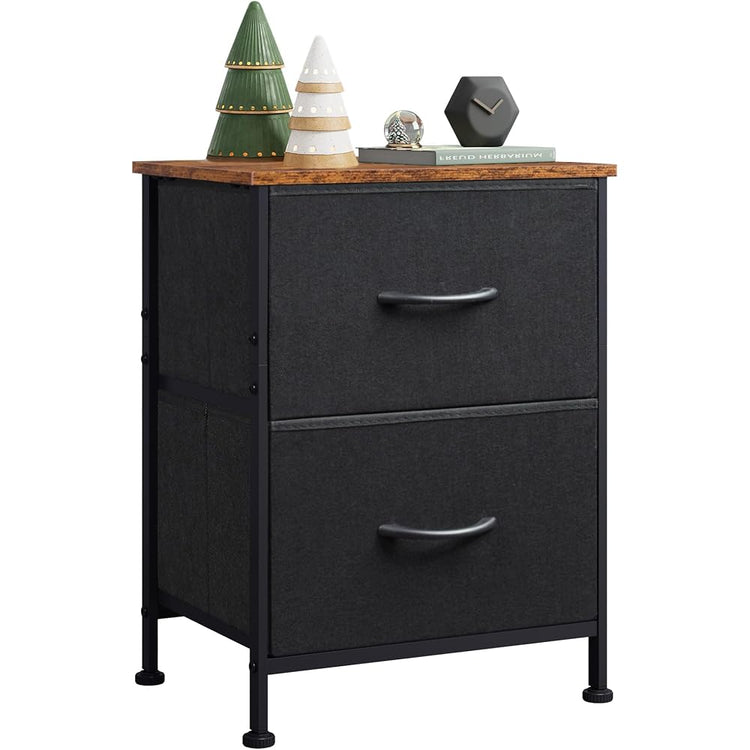 WLIVE Nightstand, 2 Drawer Dresser for Bedroom, Small Dresser with 2 Drawers, Bedside Furniture, Night Stand, End Table with Fabric Bins for Bedroom, Closet, Entryway, Black and Rustic Brown