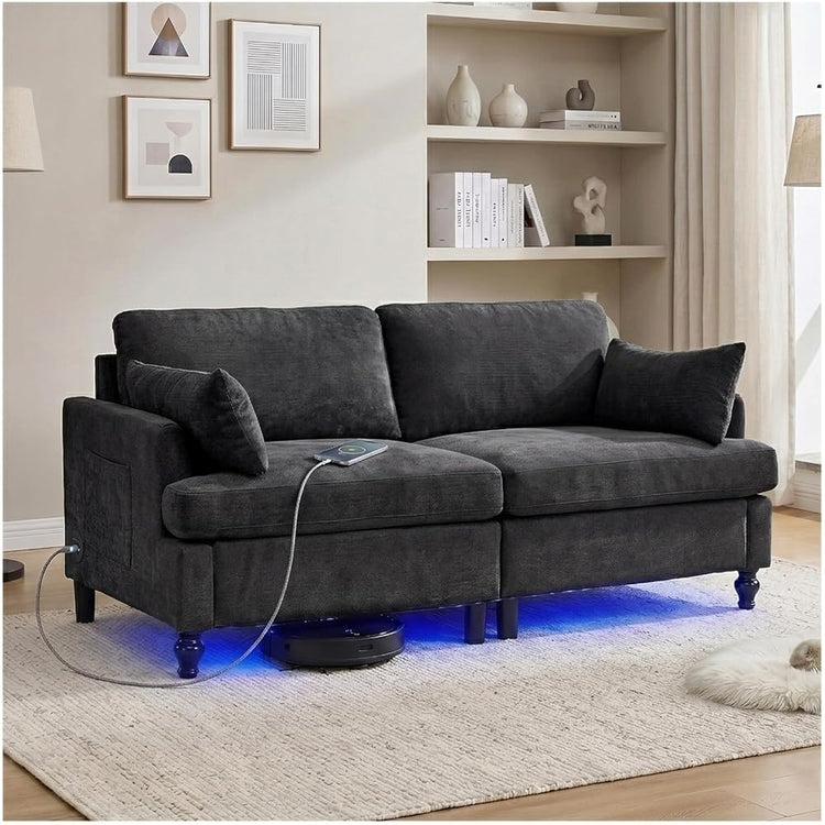 69" Modular Loveseat Sofa with USB Charging Ports, Chenille Deep Seat Cloud Couch Sectional, Modern 2 Seater Sofa with Throw Pillows & LED Light for Living Room, Bedroom, Apartment, Black