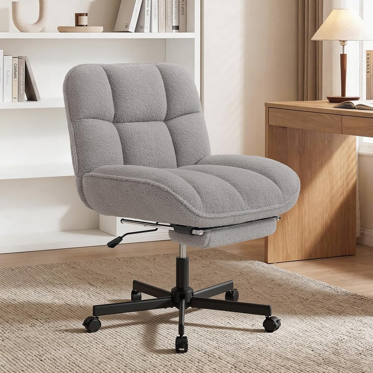 Cross Legged Chair with Foot Rest, Thick Cushioned Criss Cross Chair with Wheels, Armless Wide Seat Reclining Desk Chair, Height Adjustable Cross Legged Office Chair for Home Office, Grey