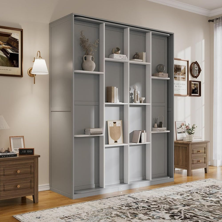 RUNNA Rotating Queen Murphy Bed with Hidden Storage Racks, Space-Saving Multifunctional Wall Bed for Home Office & Small Rooms (Gray#62)